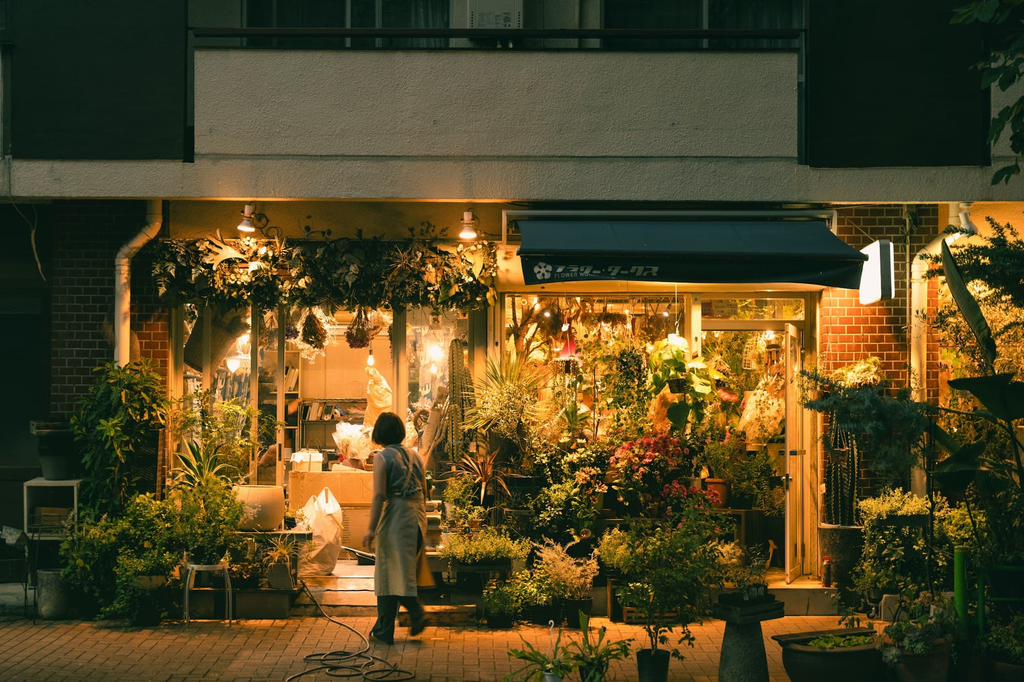 A flower shop lit up at dusk, its plants spilling onto the pavement.